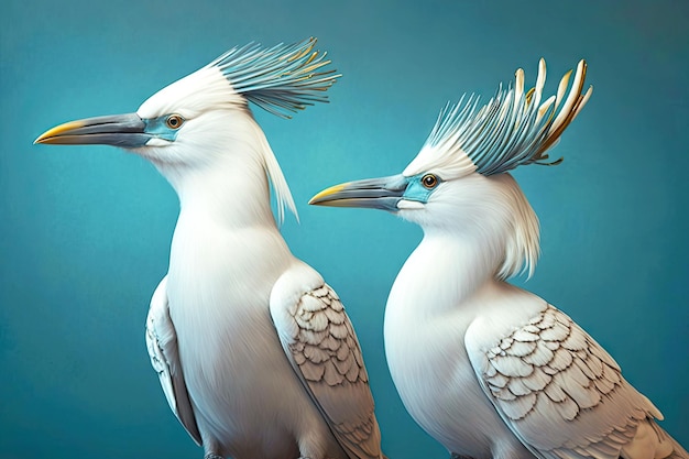 Grands oiseaux royaux blancs avec long bec gris sur fond bleu ai générative