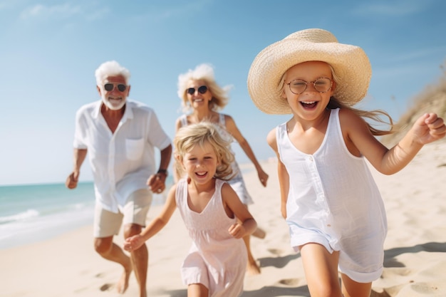 Les grands-parents courent le long de la plage avec leurs petits-enfants pendant les vacances d'été