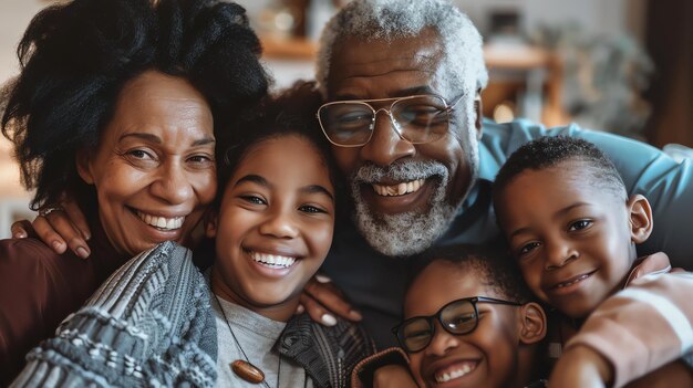 Photo des grands-parents heureux avec leurs petits-enfants souriants et posant pour une photo