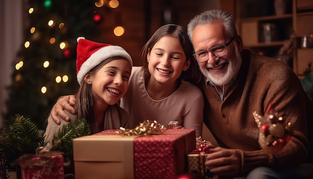 les grands-parents offrent un cadeau de Noël à leur petite-fille