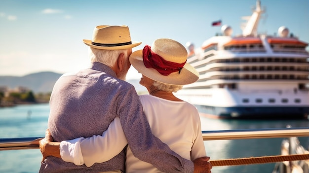 Grands-parents voyageant en bord de mer avec vue sur un yacht