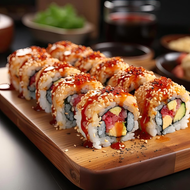 De grands rouleaux de sushi sur une tranche de bois aux couleurs vibrantes et vives