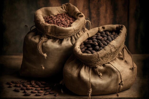 Photo grands sacs en toile jusqu'en haut remplis de fèves de cacao séchées