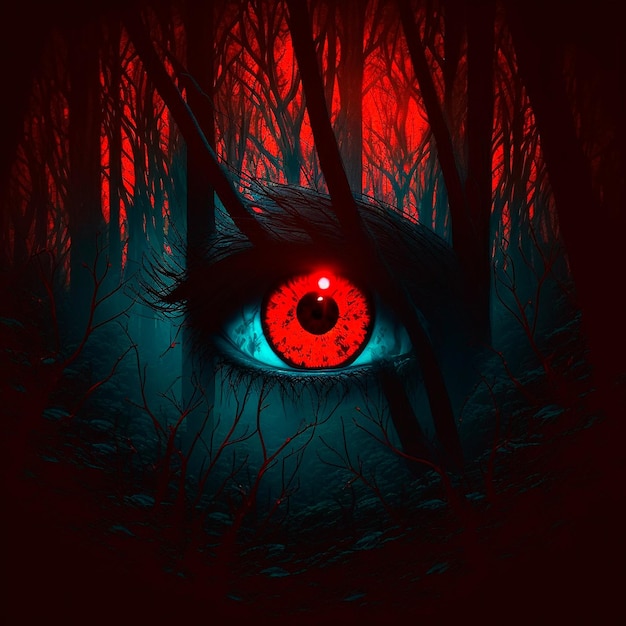 Grands yeux rouges dans le contexte d'une forêt mystique sombre