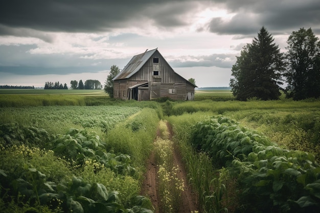 Une grange dans un champ avec un ciel nuageux en arrière-plan.