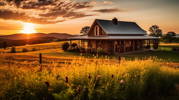 Une grange dans un champ de fleurs avec le coucher de soleil derrière elle