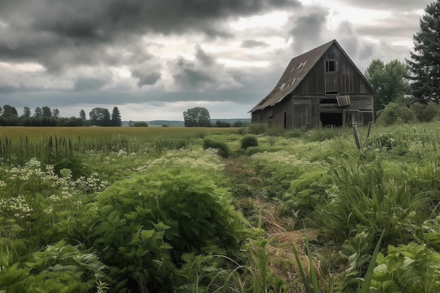 Une grange dans un champ de mauvaises herbes