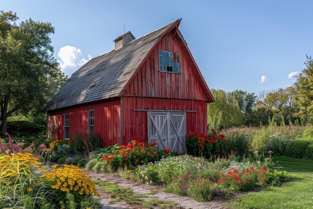 Photo une grange rustique avec une porte rouge et un grand porche