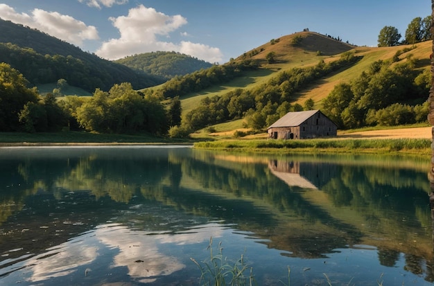 Une grange rustique près d'un lac réfléchissant dans la vallée