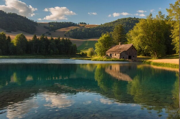 Une grange rustique près d'un lac réfléchissant dans la vallée