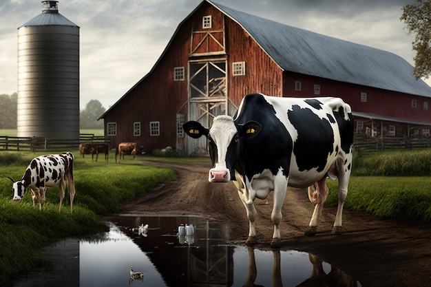 Une grange avec une vache devant