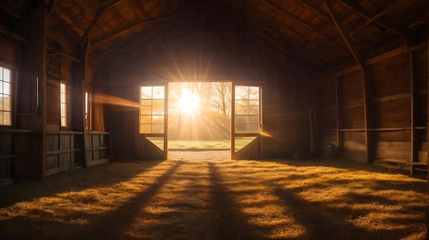 une grange vide avec la lumière du soleil qui brille à travers