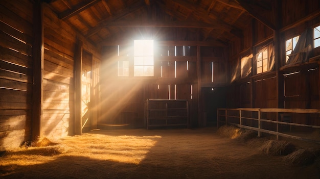 une grange vide avec la lumière du soleil qui brille à travers