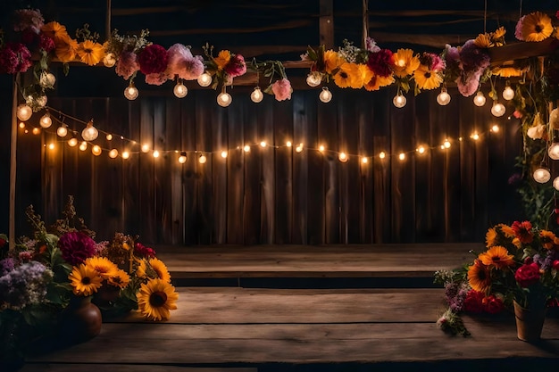 grange vintage décor de film en bois toile de fond ombres réalistes couleur sauvage fleurs pleines lumières de feston