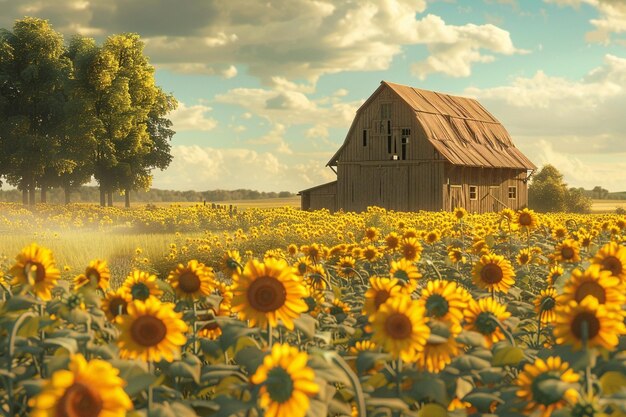 Photo des granges rustiques entourées de champs de tournesols