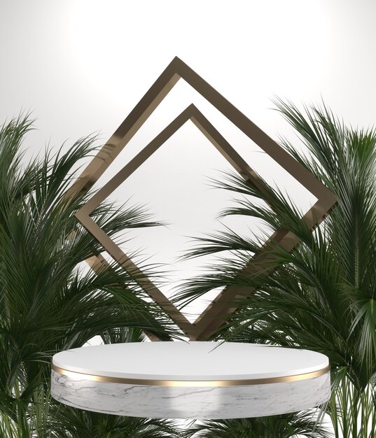 Le granit tropical Podium géométrique et décoration de plantes sur fond blanc .3D Rendering