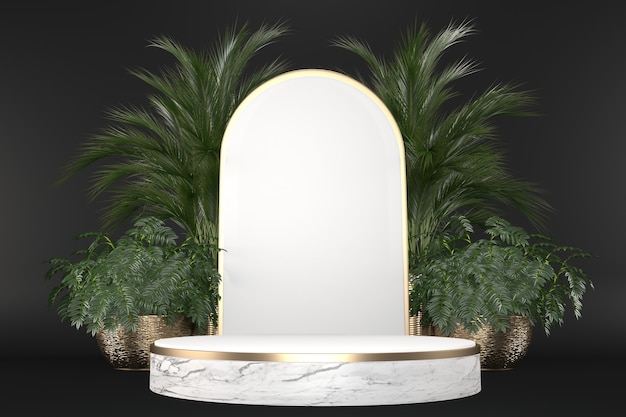 Le granit tropical Podium géométrique et décoration de plantes sur fond noir .3D Rendering