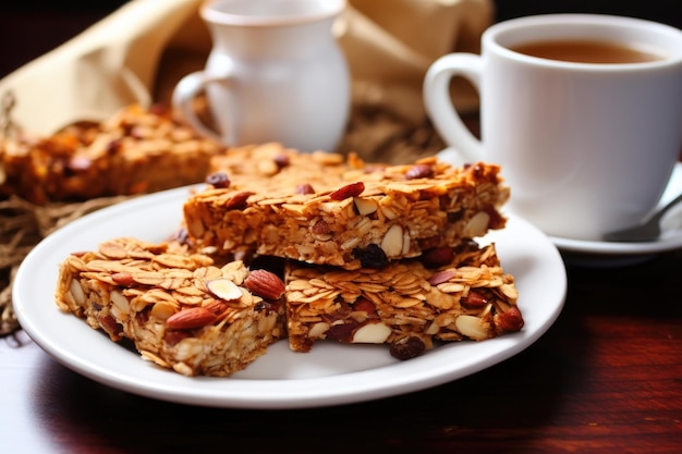 Granola bars avec une tasse de thé ou de café pour le petit déjeuneronthego