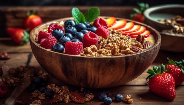 Granola berry bowl myrtille framboise fraise bio généré par IA