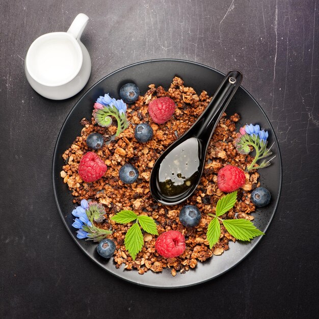 Granola maison et baies fraîches pour un petit-déjeuner sain vue de dessus