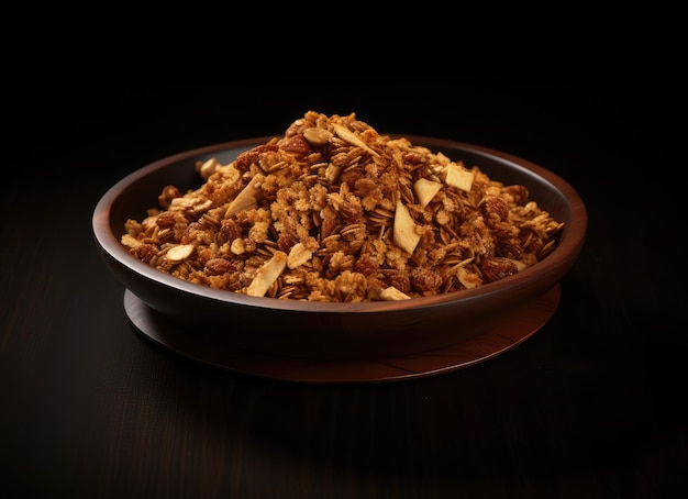 Granola avec noix et fruits secs sur un fond sombre Granola fait maison dans un bol d'argile Vue supérieure Espace de copie créé avec la technologie d'IA générative