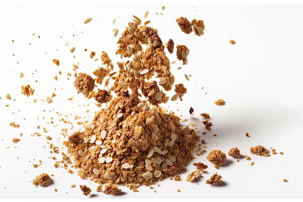 Granola tombant délicieusement sur un fond blanc collation saine