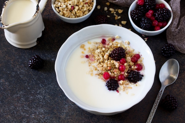 Granola Yaourt maison avec granola groseille et framboises noires Copy space