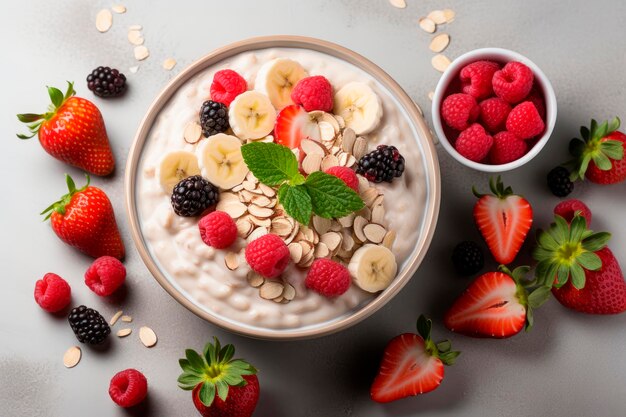 Photo granola et yogourt dans un bol un petit déjeuner sain d'avoine surmonté de baies et de fruits