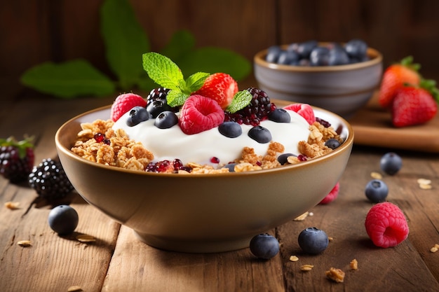 Granola et yogourt sains avec des baies mélangées