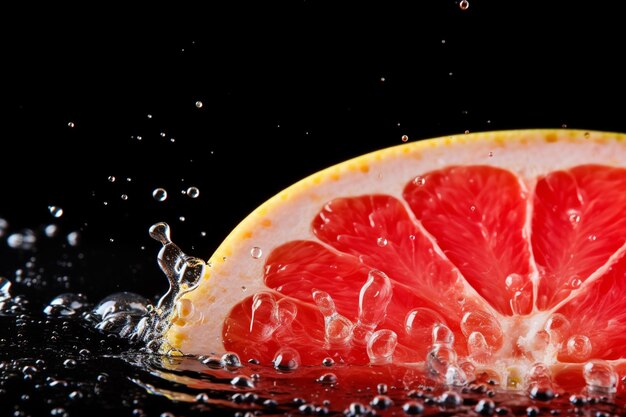 Grapefruit frais avec des éclaboussures et des gouttes d'eau sur fond noir