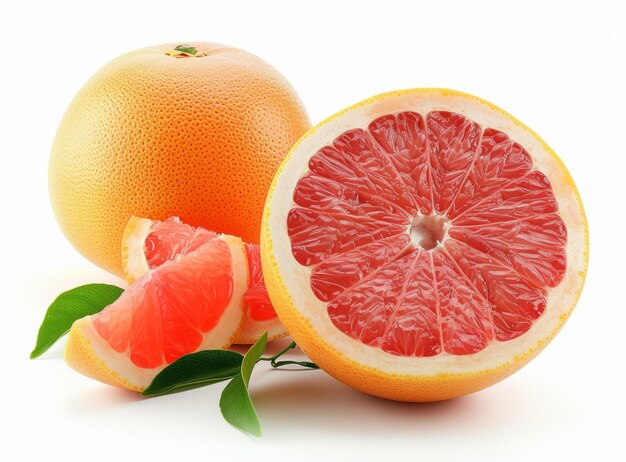 Grapefruit frais entier et tranché mettant en valeur son intérieur rouge juteux sur un fond clair