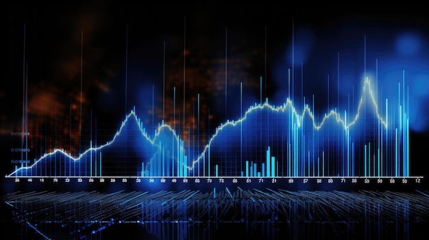 Graphe à barres 3D bleu abstrait sur un fond numérique sombre avec des lumières brillantes