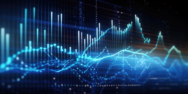Graphe à barres 3D bleu abstrait sur un fond numérique sombre avec des lumières brillantes