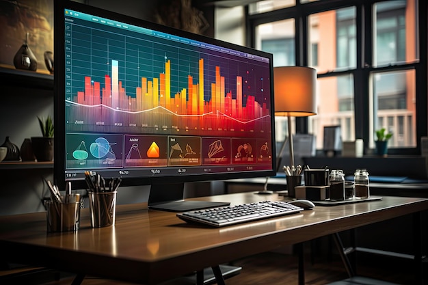 Graphe d'entreprise intégré de manière homogène à la surface d'un mur de bureau avec un moniteur