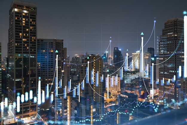 Graphe FOREX hologramme nuit aérienne paysage urbain panoramique de Bangkok l'emplacement développé pour les chercheurs en bourse en Asie du Sud-Est Le concept d'analyse fondamentale Double exposition