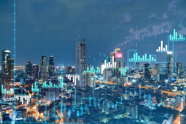 Graphe FOREX hologramme nuit aérienne paysage urbain panoramique de Bangkok l'emplacement développé pour les chercheurs en bourse en Asie du Sud-Est Le concept d'analyse fondamentale Double exposition