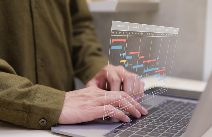 Photo graphique d'analyse d'affaires et système de gestion des données pour faire des rapports avec des indicateurs de performance clés et des mesures reliées à la base de données analyste travaillant sur un ordinateur portable stratégie d'entreprise pour la planification du calendrier financier