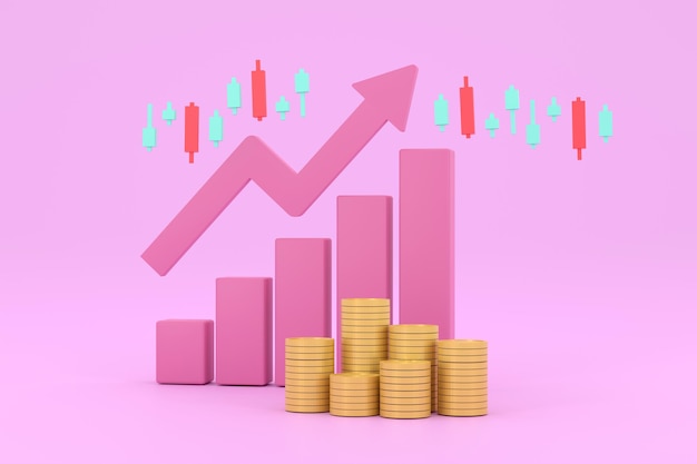 Graphique à barres et bouclier de profit à flèche montante rose avec plusieurs arrangements de pièces