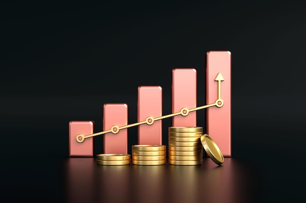 Graphique à barres dorées de croissance avec une flèche dorée indiquant une croissance ascendante symbolisant le succès financier