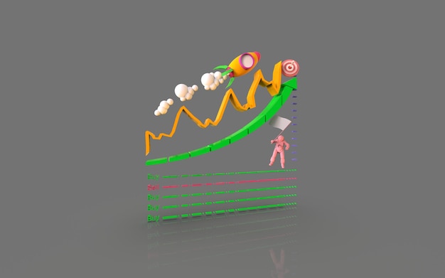 Graphique à barres graphique d'entreprise de rendu 3d avec espace de concept de fusée spatiale volante pour les affaires et la croissance