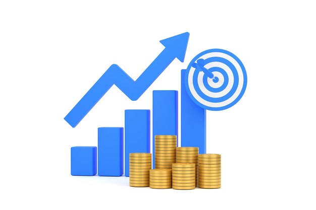 Graphique à barres de profit à flèche montante bleue et bouclier avec plusieurs arrangements de pièces
