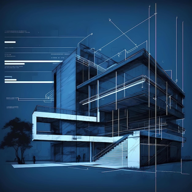 Un graphique bleu d'un bâtiment avec un plan de fond bleu