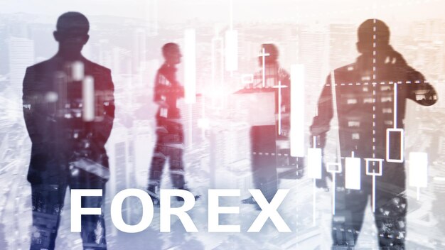 Graphique de bougie financière de trading Forex et graphiques sur fond de centre d'affaires flou