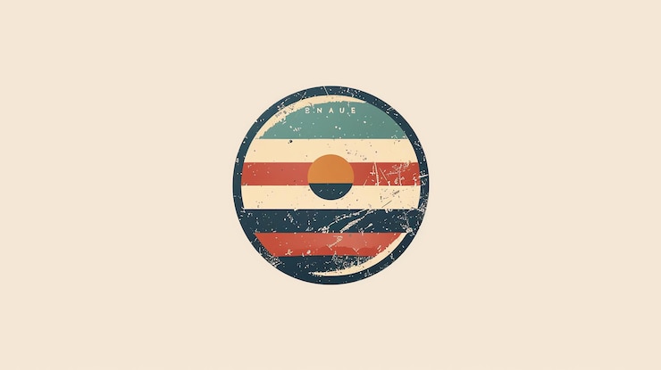 Photo graphique de cercle en détresse de style vintage rétro avec des rayures rouges orange bleues et blanches et un soleil au centre