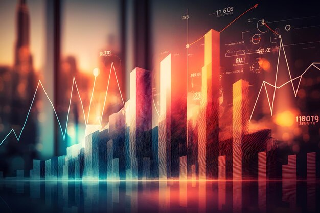 Graphique en chandeliers forex big data abstrait brillant sur fond de ville floue Concept d'investissement et d'analyse de la technologie commerciale Réseau de neurones généré par l'IA