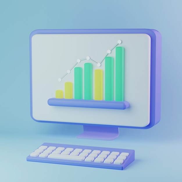 Graphique en colonnes s'élevant sur une illustration 3d d'écran d'ordinateur
