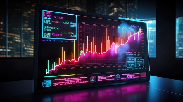 Graphique de croissance du marché boursier graphique financier au néon à l'écran dans la bannière Ai de bureau moderne