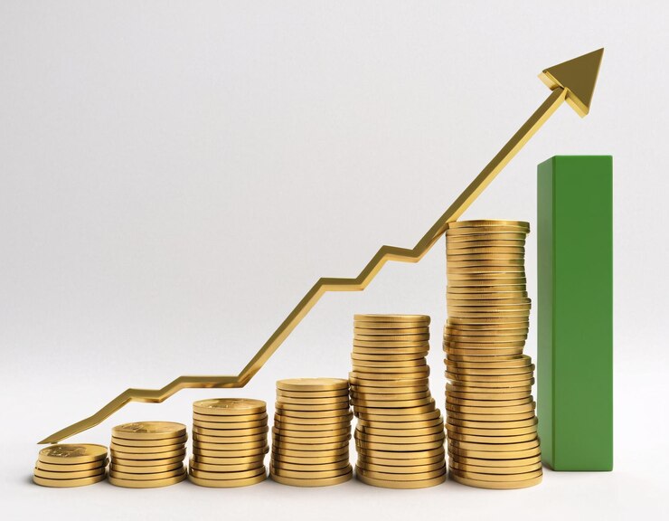 Photo graphique de croissance financière stacks de pièces d'or vers le haut flèche barre verte calculateur de graphique 3d render