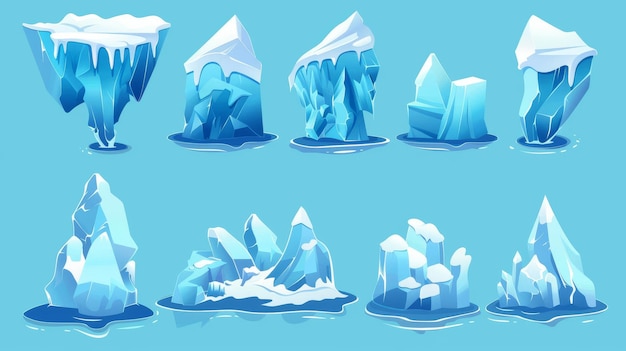 Le graphique de dessin animé montre un iceberg et un glacier flottant dans l'eau C'est une illustration de style moderne d'interface utilisateur de jeu d'un ensemble de flots arctiques pour des paysages polaires L'illustration comprend une roche gelée