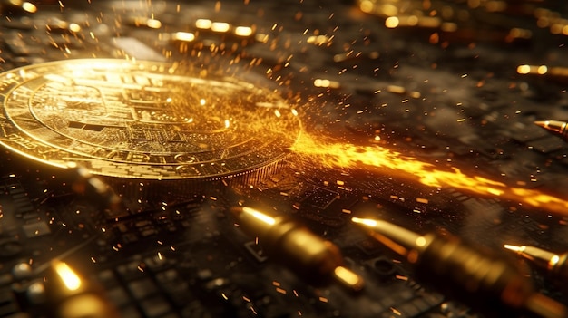 Graphique du marché boursier des pièces d'or sur un fond de marché de négociation de bitcoins